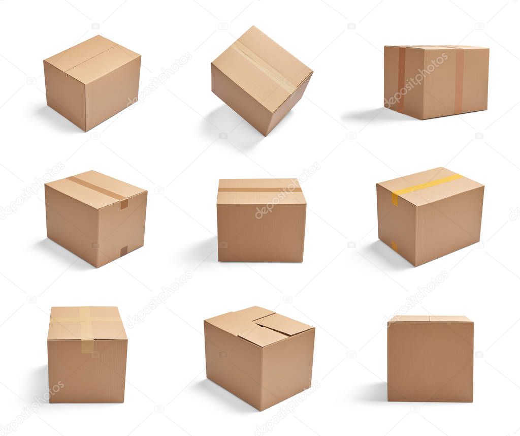 collection of  various cardboard boxes on white background