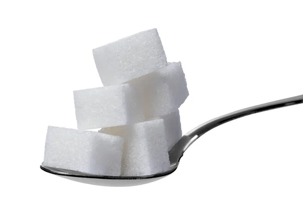 Nahaufnahme Von Zuckerwürfeln Und Einem Löffel Auf Weißem Hintergrund — Stockfoto