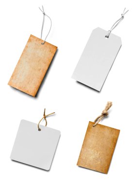 Beyaz arkaplandaki çeşitli fiyat etiketleri koleksiyonu. Her biri ayrı ayrı çekiliyor.