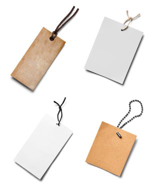 Beyaz arkaplandaki çeşitli fiyat etiketleri koleksiyonu. Her biri ayrı ayrı çekiliyor.