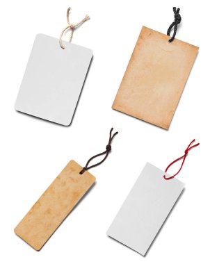 Beyaz arkaplandaki çeşitli fiyat etiketleri koleksiyonu. Her biri ayrı ayrı çekiliyor.