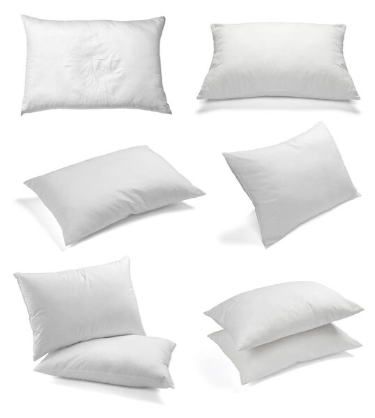 collection of various white pillows on white background. each one is shot separately