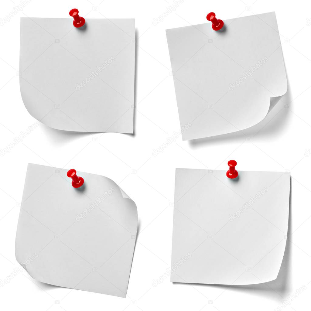 collection of various note paper with a red push pin on white background. each one is shot separately