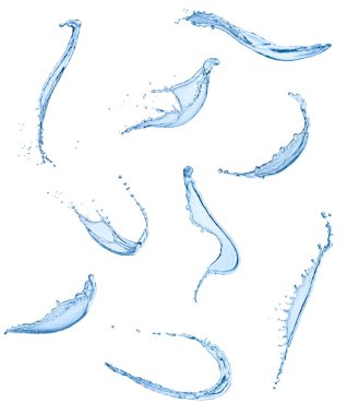 Beyaz arka planda çeşitli su sıçramaları var. Her biri ayrı ayrı çekiliyor.