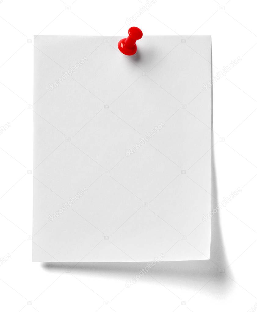 close up of  a note paper with a red push pin on white background