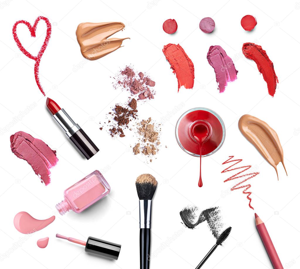 collection of various make up on white background. each one is shot separately