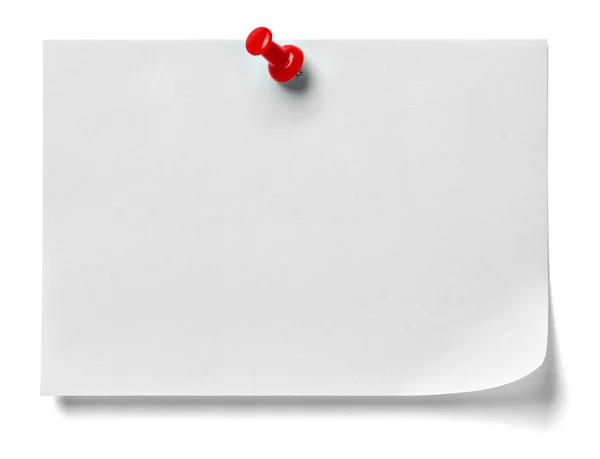Közeli Hoz Egy Jegyzet Papír Egy Piros Push Pin Fehér — Stock Fotó