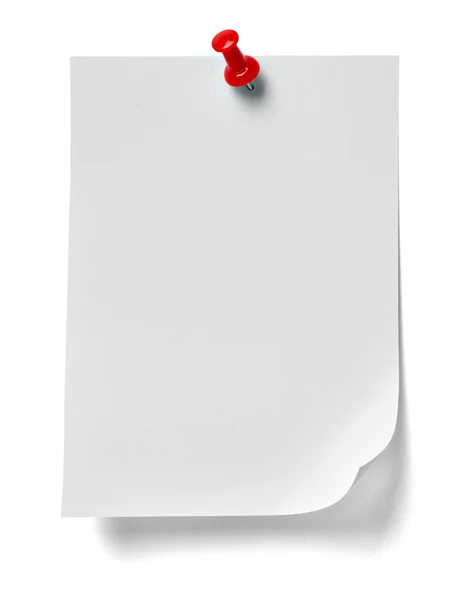 Κλείσιμο Ενός Εγγράφου Σημειώσεων Μια Κόκκινη Καρφίτσα Ώθησης Λευκό Φόντο — Φωτογραφία Αρχείου
