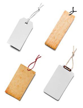 Beyaz arkaplandaki çeşitli fiyat etiketleri koleksiyonu. Her biri ayrı ayrı çekiliyor.