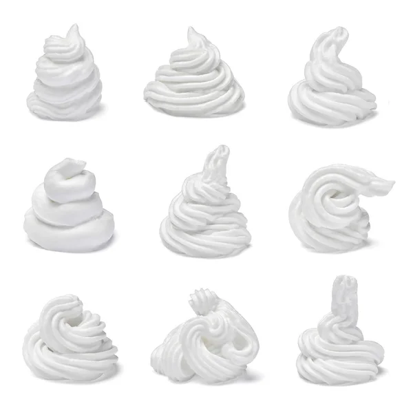 Collection Various White Whipped Cream White Background Each One Shot — Stock Photo, Image