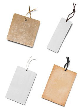 Beyaz arkaplandaki çeşitli fiyat etiketleri koleksiyonu. Her biri ayrı ayrı çekiliyor.