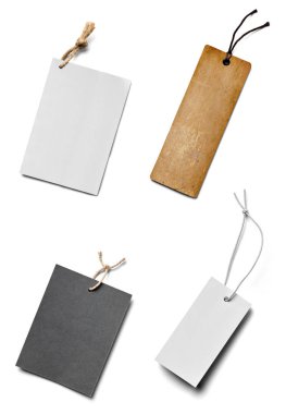 Beyaz arkaplandaki çeşitli fiyat etiketleri koleksiyonu. Her biri ayrı ayrı çekiliyor.