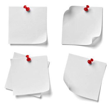 beyaz zemin üzerine kırmızı bir iğneye çeşitli not kağıdına topluluğu. her biri ayrı ayrı vurulur