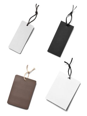 Beyaz arkaplandaki çeşitli fiyat etiketleri koleksiyonu. Her biri ayrı ayrı çekiliyor.