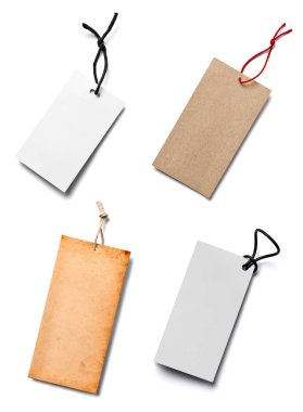 Beyaz arkaplandaki çeşitli fiyat etiketleri koleksiyonu. Her biri ayrı ayrı çekiliyor.