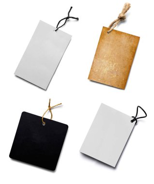 Beyaz arkaplandaki çeşitli fiyat etiketleri koleksiyonu. Her biri ayrı ayrı çekiliyor.