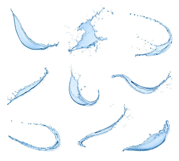 collection of  various water splashes on white background. each one is shot separately