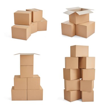 Beyaz arkaplanda çeşitli karton kutuların koleksiyonu