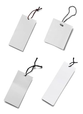 Beyaz arkaplandaki çeşitli fiyat etiketleri koleksiyonu. Her biri ayrı ayrı çekiliyor.