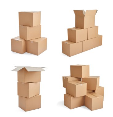 Beyaz arkaplanda çeşitli karton kutuların koleksiyonu