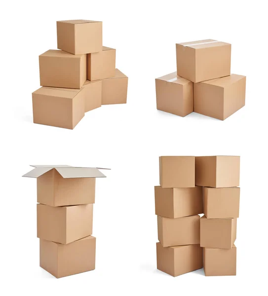 Colección Varias Cajas Cartón Sobre Fondo Blanco — Foto de Stock