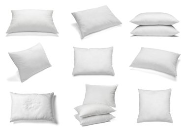 Beyaz arka plan üzerinde çeşitli beyaz yastıklar topluluğu. her biri ayrı ayrı vurulur