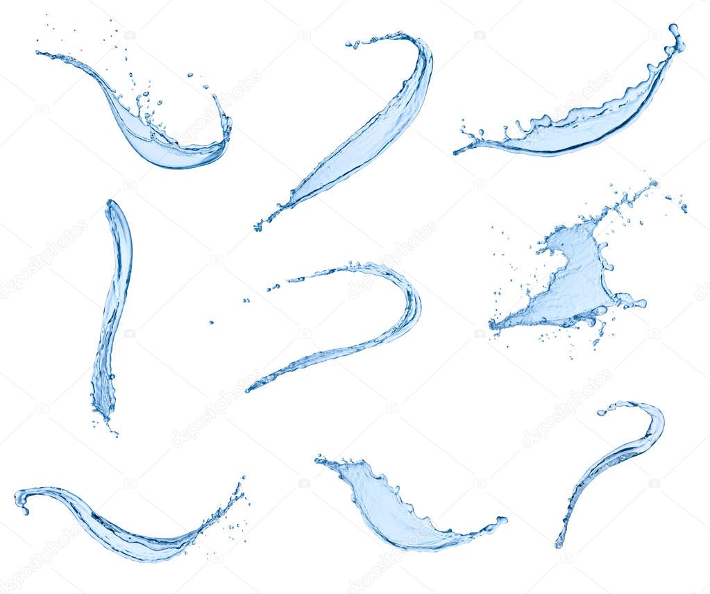collection of  various water splashes on white background. each one is shot separately