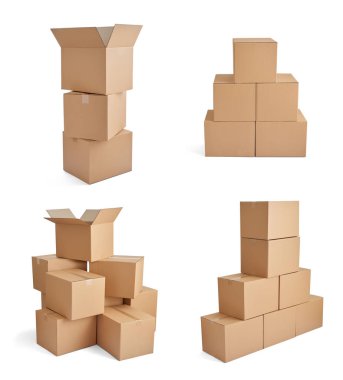 Beyaz arkaplanda çeşitli karton kutuların koleksiyonu