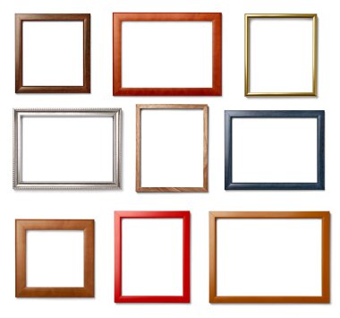 Beyaz arkaplanda çeşitli eski ahşap çerçeve koleksiyonu