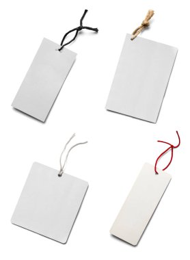 Beyaz arkaplandaki çeşitli fiyat etiketleri koleksiyonu. Her biri ayrı ayrı çekiliyor.