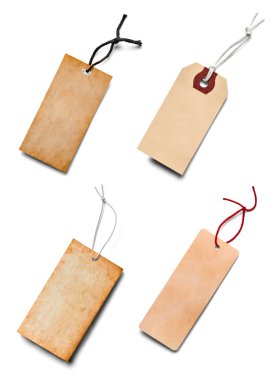 Beyaz arkaplandaki çeşitli fiyat etiketleri koleksiyonu. Her biri ayrı ayrı çekiliyor.