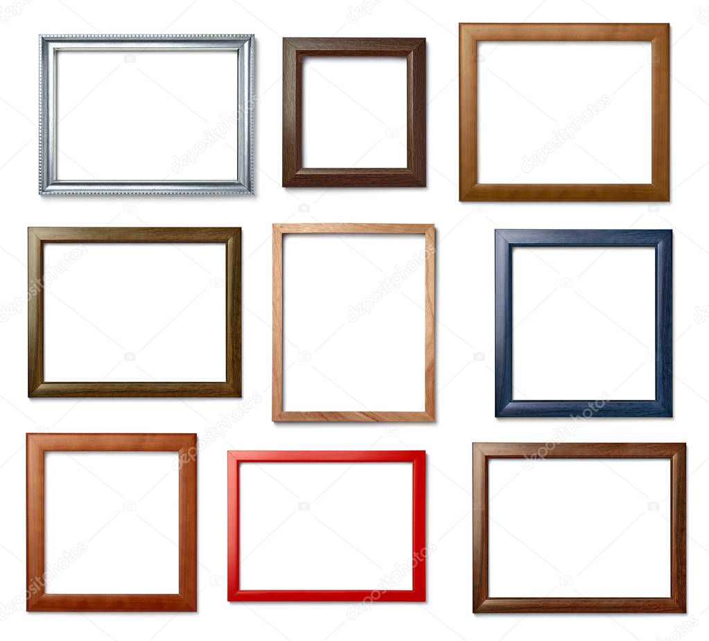 collection of  various vintage wood frame on white background