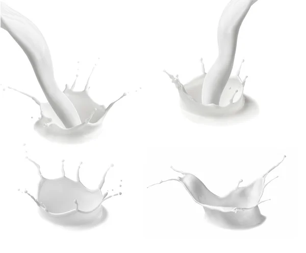 Samling Olika Mjölkflaskor Och Stänk Vit Bakgrund — Stockfoto