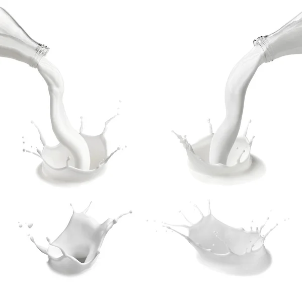 Çeşitli Süt Şişeleri Beyaz Zemin Üzerine Sıçramalarına Koleksiyonu — Stok fotoğraf