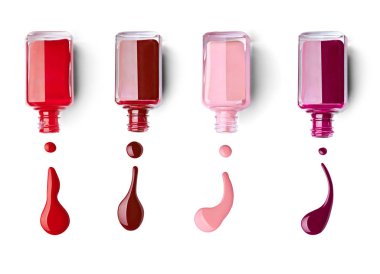 collection of various nail polish bottle and drop on white background. each one is shor separately clipart
