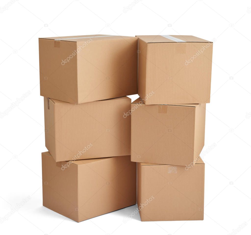 close up of  a stack of cardboard boxes on white background