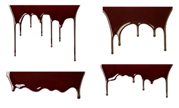 Collectie Van Verschillende Chocolade Siroop Lekken Witte Achtergrond Elk Wordt — Stockfoto