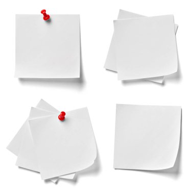 beyaz zemin üzerine kırmızı bir iğneye çeşitli not kağıdına topluluğu. her biri ayrı ayrı vurulur