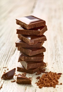 Tahta arka planda çikolata parçalarını kapat