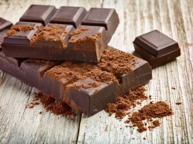 Tahta arka planda çikolata parçalarını kapat