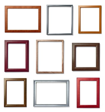 Beyaz arkaplanda çeşitli eski ahşap çerçeve koleksiyonu