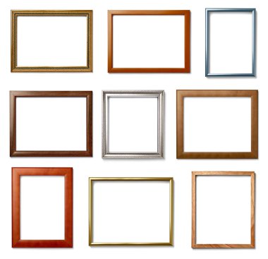 Beyaz arkaplanda çeşitli eski ahşap çerçeve koleksiyonu