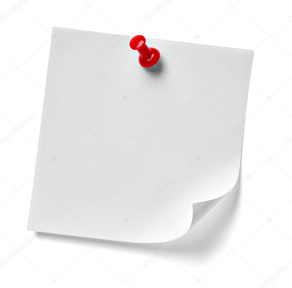 close up of  a note paper with a red push pin on white background