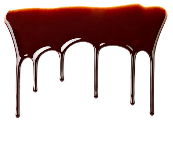Close Chocolate Syrup Leaking White Background — Stock Photo, Image