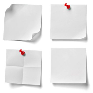 beyaz zemin üzerine kırmızı bir iğneye çeşitli not kağıdına topluluğu. her biri ayrı ayrı vurulur