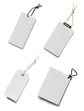 Beyaz arkaplandaki çeşitli fiyat etiketleri koleksiyonu. Her biri ayrı ayrı çekiliyor.