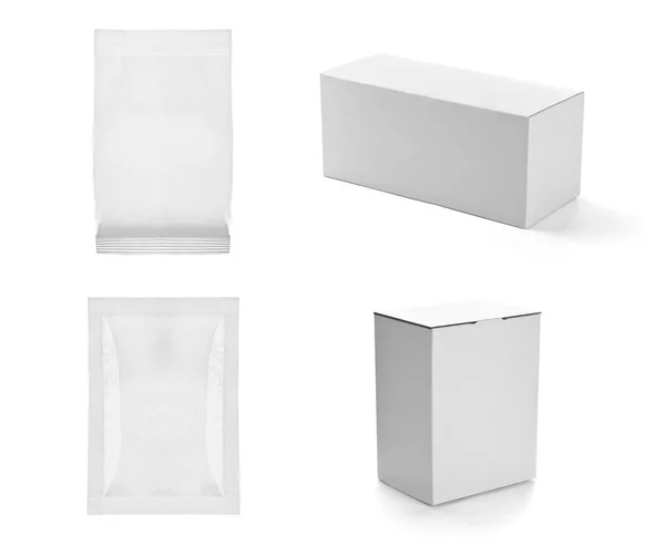 Colección Varias Cajas Blancas Paquetes Sobre Fondo Blanco Cada Uno — Foto de Stock