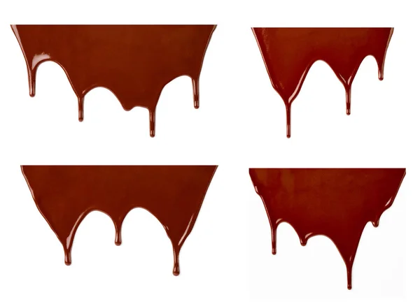 Коллекция Различных Шоколадных Сиропов Протекающих Белом Фоне Каждого Расстреливают Отдельности — стоковое фото