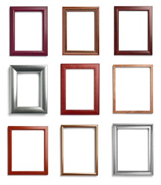 Beyaz arkaplanda çeşitli eski ahşap çerçeve koleksiyonu