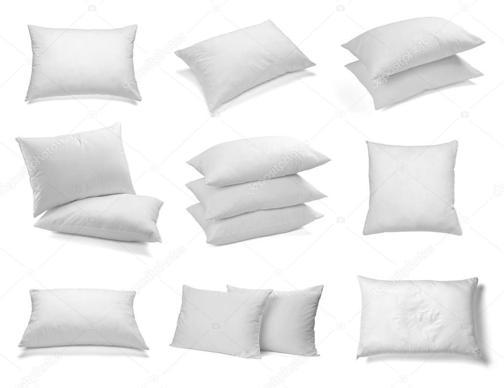 collection of various white pillows on white background. each one is shot separately